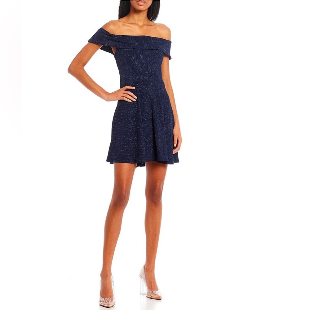 B. Darlin Off-The-Shoulder Glitter Fit-And-Flare Dress Junior Size 11/12